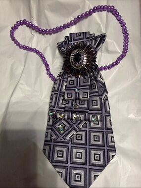 Geometric Purple Satin Tie Necklace with Crystal Brooch